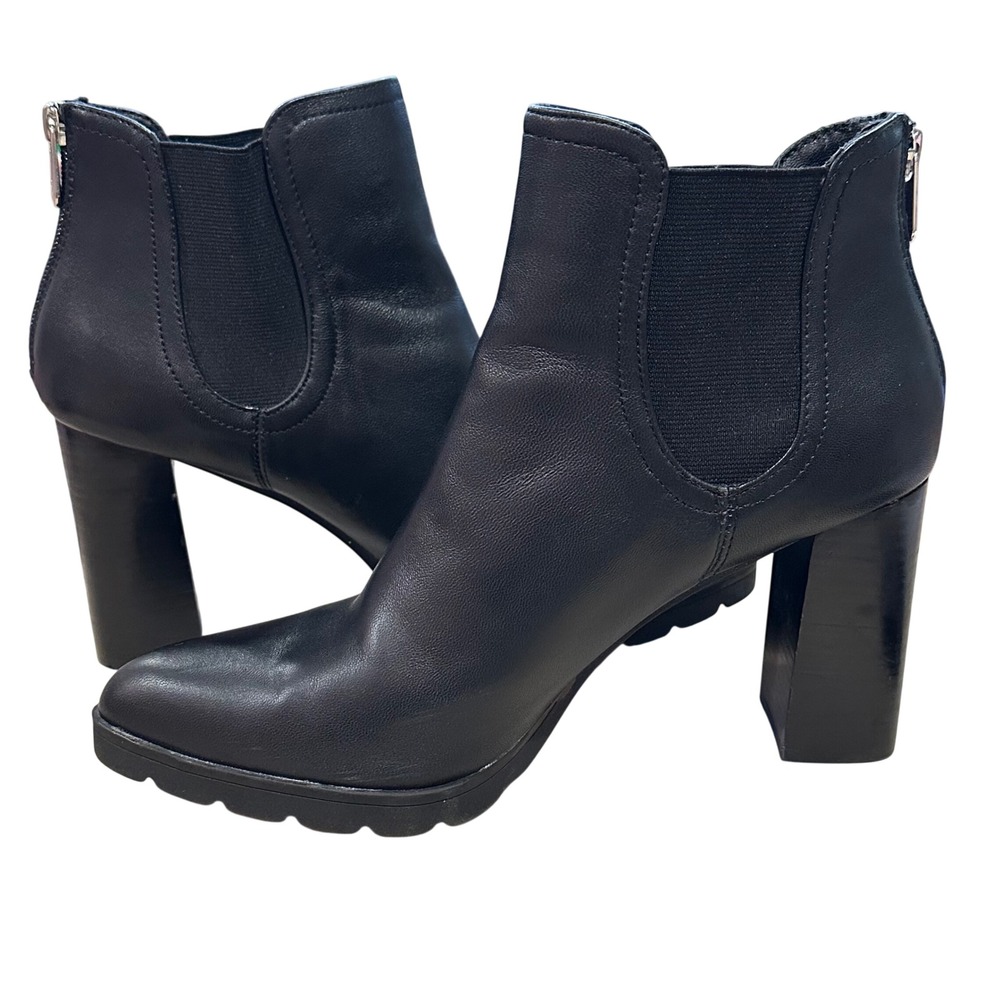 Adrienne Vittadini NERINA Ankle Boots 9.5M Black Leather Block Heel Lug Sole